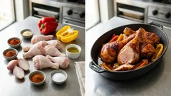 Pollo alla paprika al forno: fusi succosi con peperoni e scalogno in una sola teglia