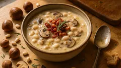 Zuppa di castagne, fagioli e funghi: cremosa e profumata con pancetta croccante