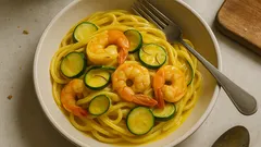 Pasta zucchine, gamberetti e zafferano: cremosa senza panna, pronta in 20 minuti